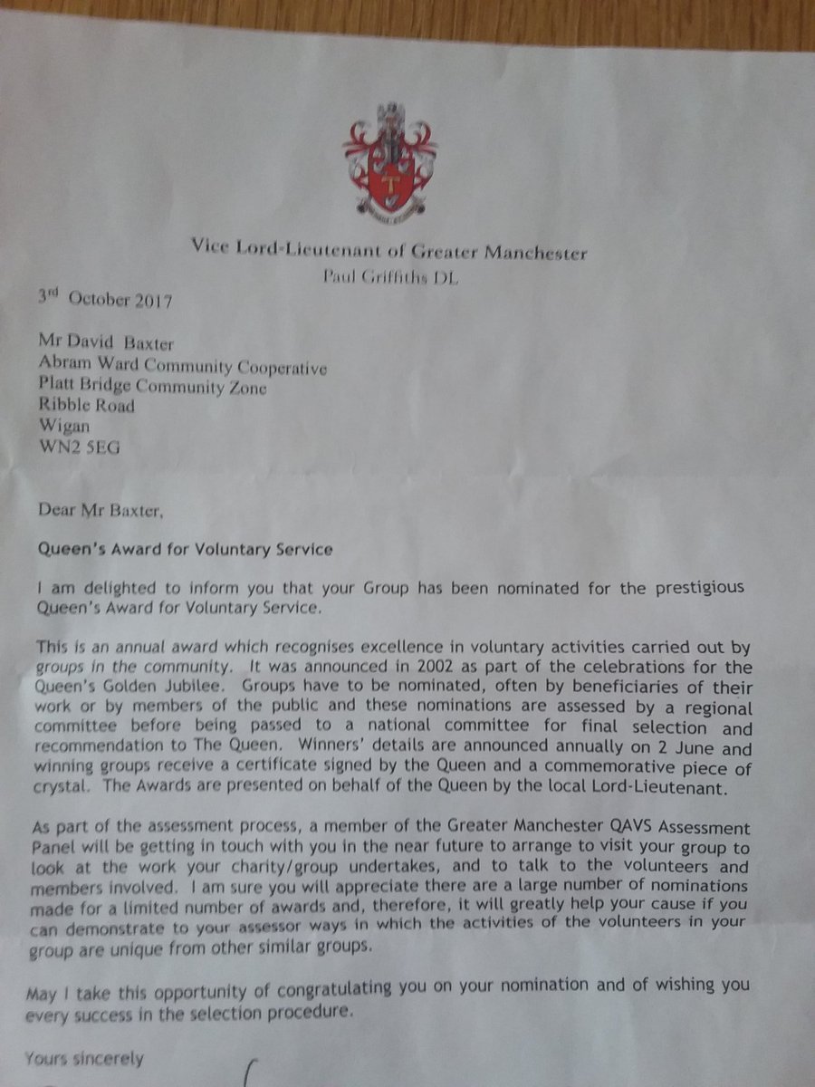 Proud that we have been nominated for a Queens Award for Voluntary service <a href="/WiganCouncil/">Wigan Council</a> <a href="/ShelbyIanson/">Shelby Fielding</a> and thanks to all our community