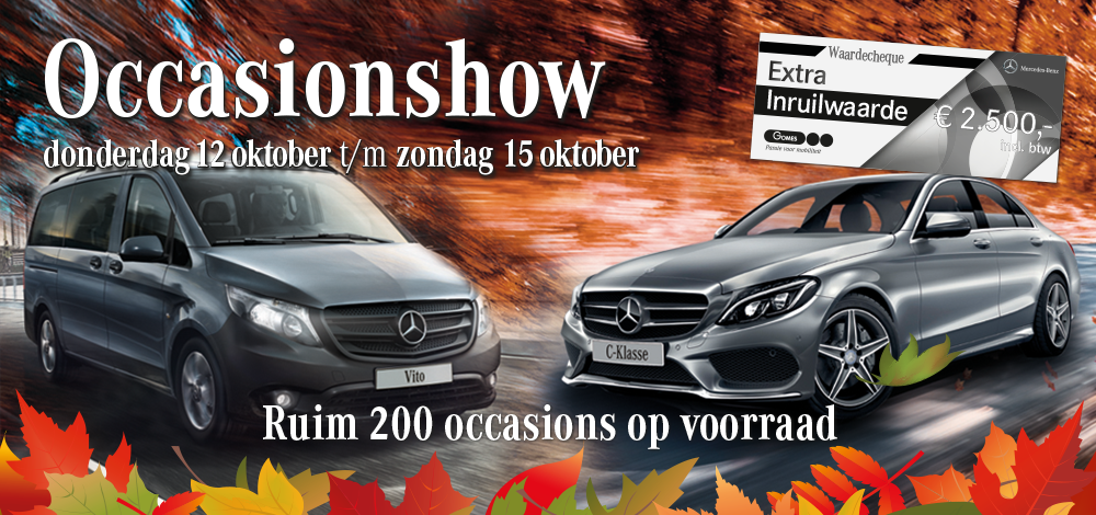 🚘De occasionshow bij Gomes🚘 Profiteer van € 2.500,-* extra inruilwaarde, van 12 t/m 15 oktober. Bekijk de acties op gomes.nl/show