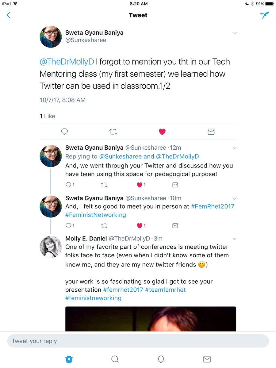 TheDrMollyMac's tweet photo. I love many things about my academic communities, particularly my #femrhet2017 (and the coalition)... but these are the things that remind me why I love what I do. So thank you for telling me @Sunkesharee (I screen shotted to keep it all together to share) #teachwithtwitter https://t.co/O1VoeV06G5