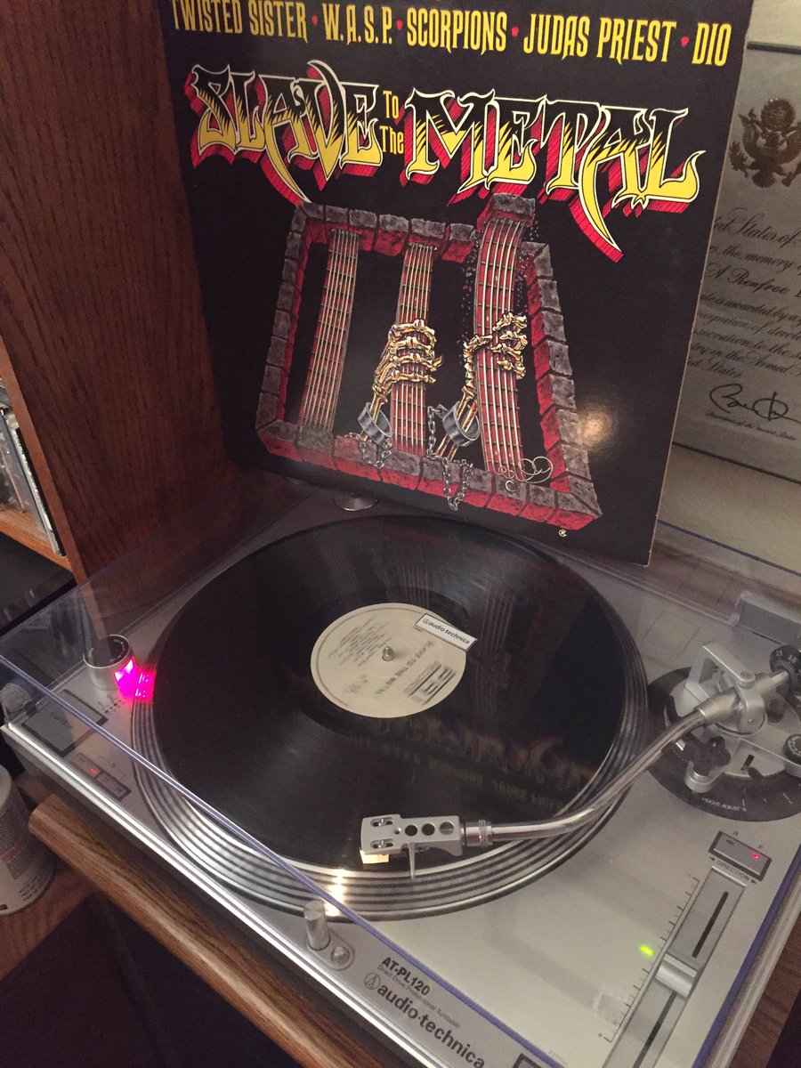 Whipping_Brady's tweet photo. Spinning #SlaveToTheMetal this morning. Do you remember this compilation album @Channel33RPM ? #vinyl https://t.co/KdOSVnuCZD