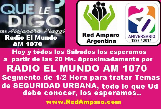 Redamparo's tweet image. RED AMPARO ARGENTINA EN RADIO EL MUNDO AM 1070 TODOS LOS SABADOS A PARTIR DE 19.30 HS EN EL PROGRAMA QUE LE DIGO CONDUCE ALEJANDRA PIAGGI