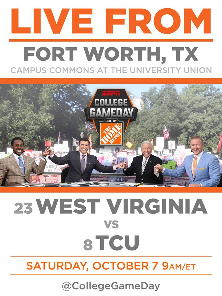 GetGDEssentials's tweet photo. It's almost bee a decade since #CollegeGameDay has graced Fort Worth. 

Enjoy the atmosphere, #TCU.  

#WVUvsTCU #Gameday #ESPN https://t.co/0vIYfVqWcS