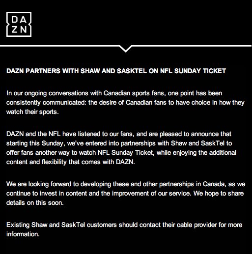 Dazn Recants On Streaming Only Nfl In Canada Returns Sunday Ticket