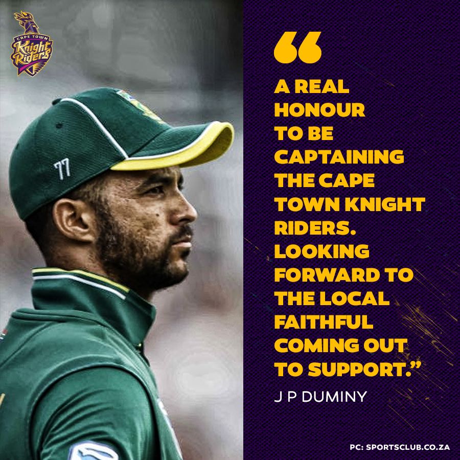 CTKRiders's tweet photo. Skipper @jpduminy21 has a message for all #KnightRiders as excitement builds ahead of #CTKRiders' @T20GL_ debut. https://t.co/Uv9UTNiWdH