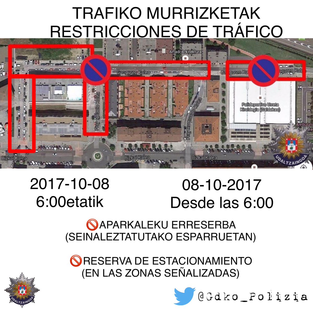 Gdko_Polizia's tweet photo. 📢 #EternalRunning obligará a prohibir estacionamientos en varias zonas MAÑANA desde las 06h. Respeta las reservas de aparcamiento. #Galdakao https://t.co/aoXTs8NT7q