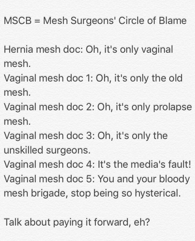 SWEMeshSupport's tweet photo. Let's play a fun little game called Mesh Surgeons' Circle of Blame.
#herniamesh #pelvicmesh #TVT #TVTO #POPmesh #meshsurgeons #gaslighting https://t.co/aXlBNXeoYQ