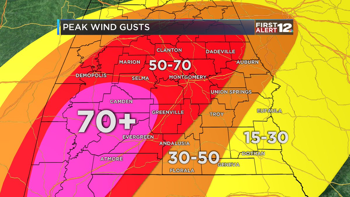 Peak wind gusts around Alabama...midnight tonight through noon Sunday. Power outages are likely in the red and purple areas. #alwx