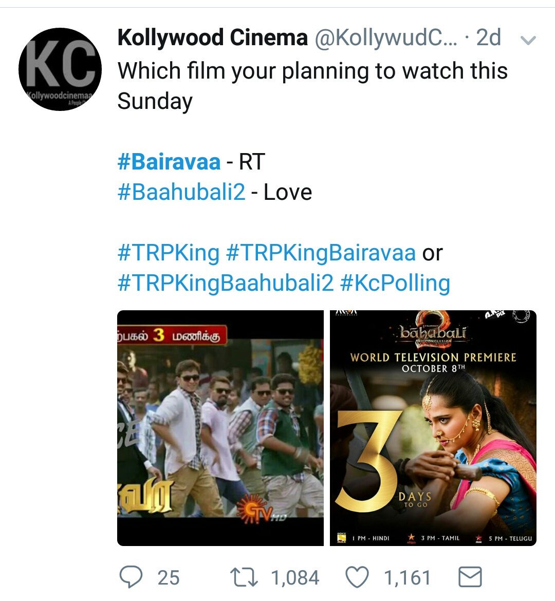 KollywoodCinima's tweet photo. Till Now
#Bairavaa 1084
#Baahubali2 1161
#TRPKing #KcPolling
#TRPBairavaa vs #TRPBaahubali2
Final Result Tmrw -> https://t.co/iTaTpoLhyq https://t.co/8qwi5TLlrw