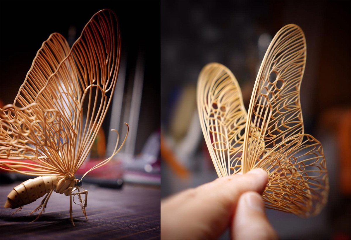 thisiscolossal's tweet photo. Incredibly Lifelike Insects Crafted out of Bamboo by Noriyuki Saitoh https://t.co/1FjDAssjJl https://t.co/hpyOWgt8FY