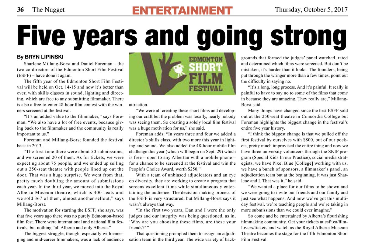 YEGfilmfest's tweet photo. Great article on the growth & 5 year anniversary of #esff https://t.co/6L1AHgO1Fp Page 36 #esff2017 @CityofEdmonton #Yeg #ETown #EIFF17 https://t.co/QZ4gteuHeK