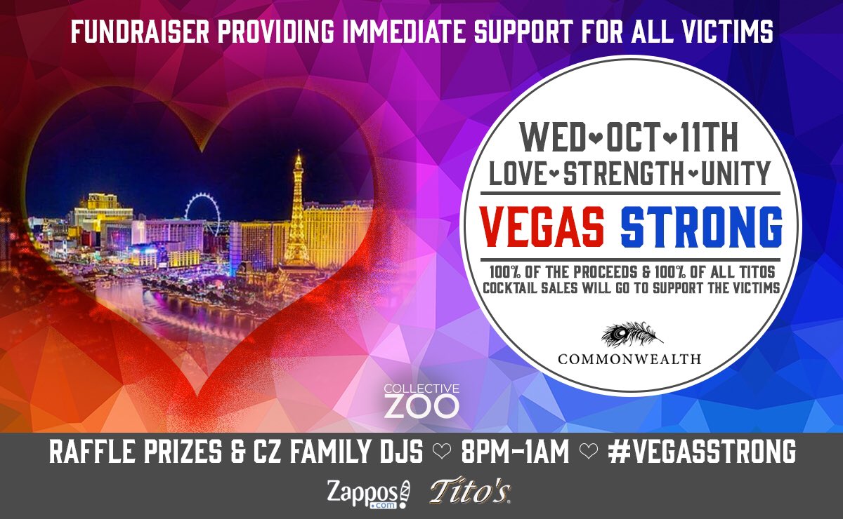 Please join us for a night of music &amp; love. 100% of proceeds &amp; <a href="/TitosVodka/">TitosVodka</a> sales will support victims. <a href="/Zappos/">Zappos.com</a> to match. #vegasstong ❤️🎶💜