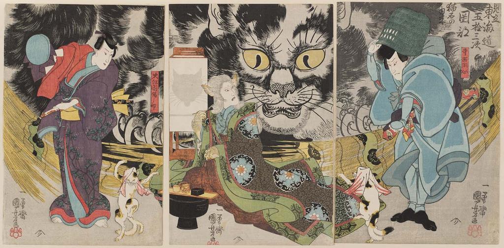mfaboston's tweet photo. Happy #Caturday! This 1847 #Kunisada print is based on a kabuki play about a fork-tailed cat monster who devours travelers 🐱 #TeamKunisada https://t.co/pAr3UQxvJ8