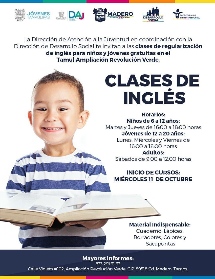 ciudadmaderogob's tweet photo. #Inscríbete 📚📖📝
Forma parte de las clases de ingles para niños, jóvenes y adultos en el Tamul Revolución Verde sin costo. https://t.co/1H217XTdV5