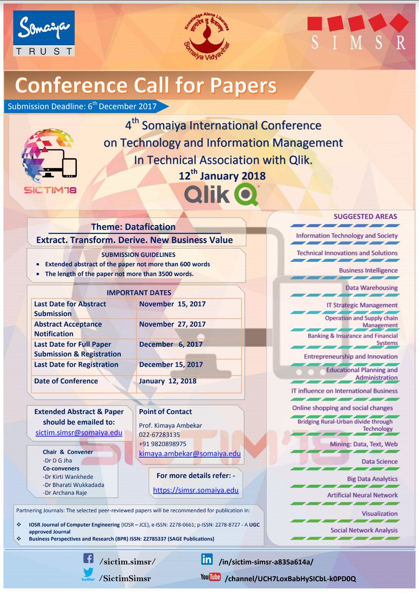 SictimSimsr's tweet photo. CALL FOR PAPERS (SICTIM’18)
on 12th Jan 2018
Get the e-Brochure.
https://t.co/JrwzW4LTGV https://t.co/Zru9eavwc9