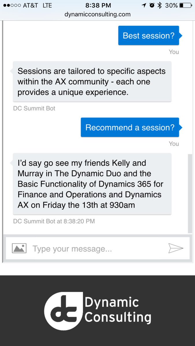 stypulation's tweet image. When cornered Summitbot won&apos;t play favorites but might recommend a session or two. #axugsummit #MSDyn365 dynamicconsulting.com/bots