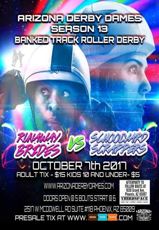 azderbydames's tweet photo. TONIGHT at the Hall of Dames! Schoolyard Scrappers vs Runaway Brides! Doors @ 5. First whistle @ 6! #getbanked #azdd #rollerderby https://t.co/TlYQyMteX9