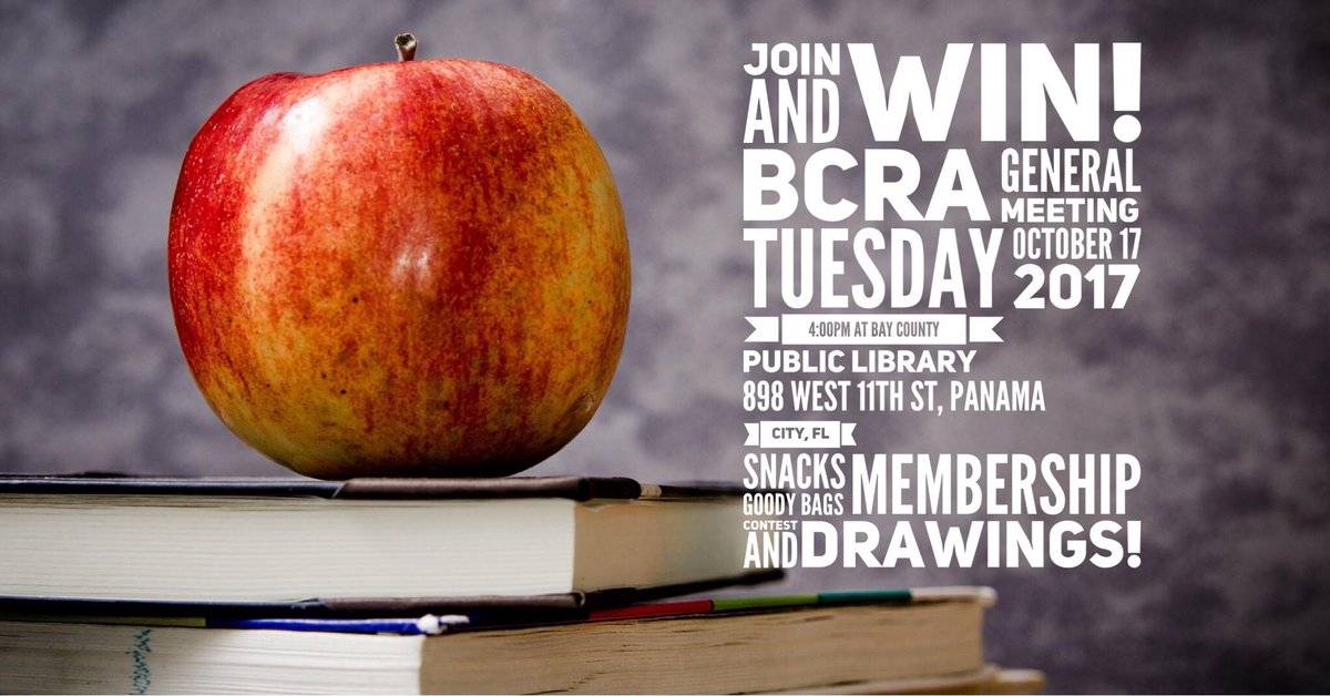 BayCoReadAssoc's tweet photo. Please attend our general meeting, Oct 17th, 4pm at Bay Co. Library, membership contest, free gifts, refreshments, fellowship! 898 W 11th St https://t.co/9c7MAp94AR