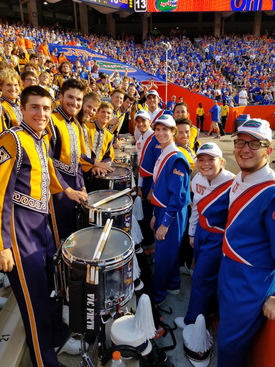 LSUBands's tweet photo. Bands unite. A welcomed greeting from the Gator Band drumline. #GeauxTigers https://t.co/2yt9KSmhoN