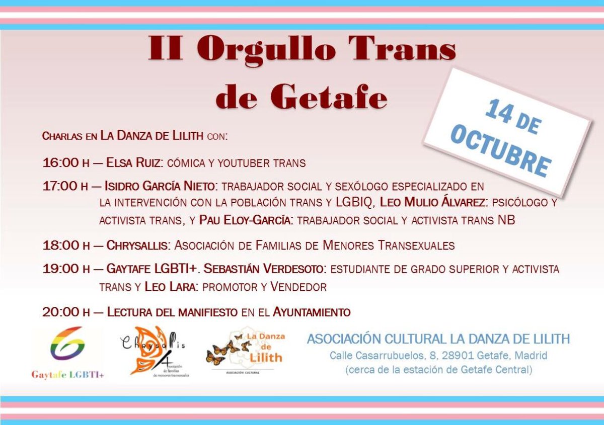 EboliLGTBI's tweet photo. #IIOrgulloTransGetafe 💕 #14Octubre17 #Getafe #Transexual #transgenderpride ❤️ No faltéis‼️ https://t.co/kVWK8txHRN