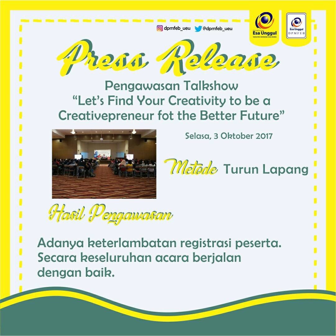 PRESS RELEASE

Metode : Turun Lapangan

TALKSHOW BERSAMA OWNER BANANUGGET DAN HERY.... tmi.me/1fjMZ4