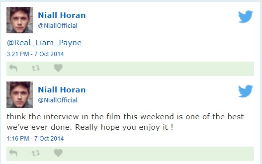 NJHTweetHistory's tweet image. Today (October 7th) 2014 @NiallOfficial tweets: think the interview in the film this weekend best we’ve ever done. @Real_Liam_Payne
