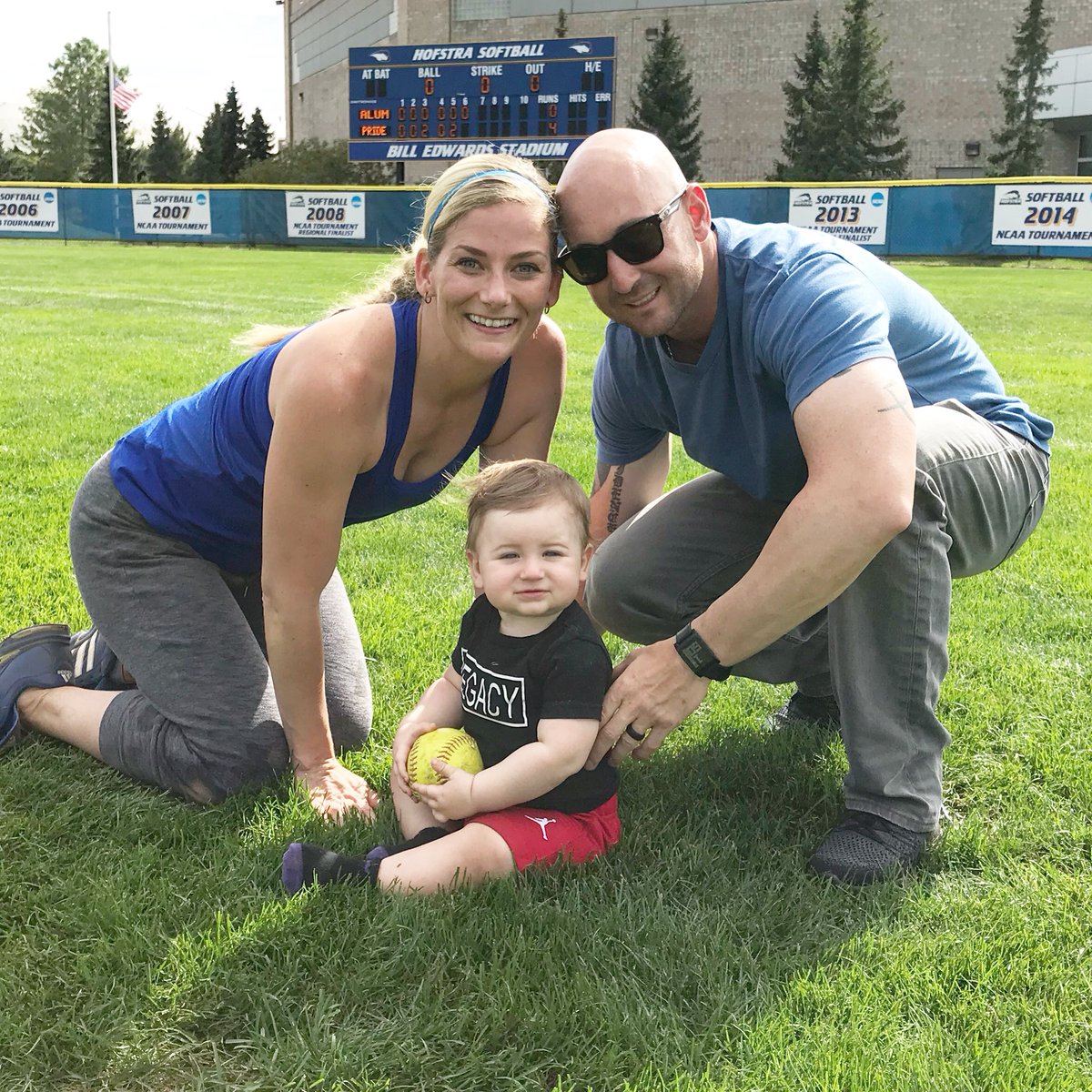 GenevieveAlby's tweet photo. We switched it up. CJ got to watch mommy play while daddy hung out in the stands. @hofstrasoftball Alumni Day #2008 #WeROld #ImAlreadySore @craigalbernaz https://t.co/meTqygbCwn