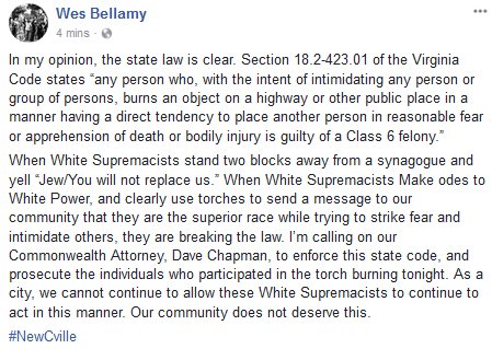 DailyProgress's tweet photo. Charlottesville Vice Mayor @DrWesBellamy calls for prosecution of participants in tonight's white supremacist rally. https://t.co/ZNP1lZZlkh
