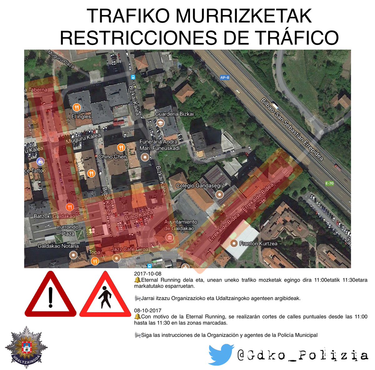 Gdko_Polizia's tweet photo. 📢 HOY con motivo de la #EternalRunning restricciones de tráfico de 11:00 a 11:30 en las zonas marcadas
#Galdakao https://t.co/k3grrAJ2ig