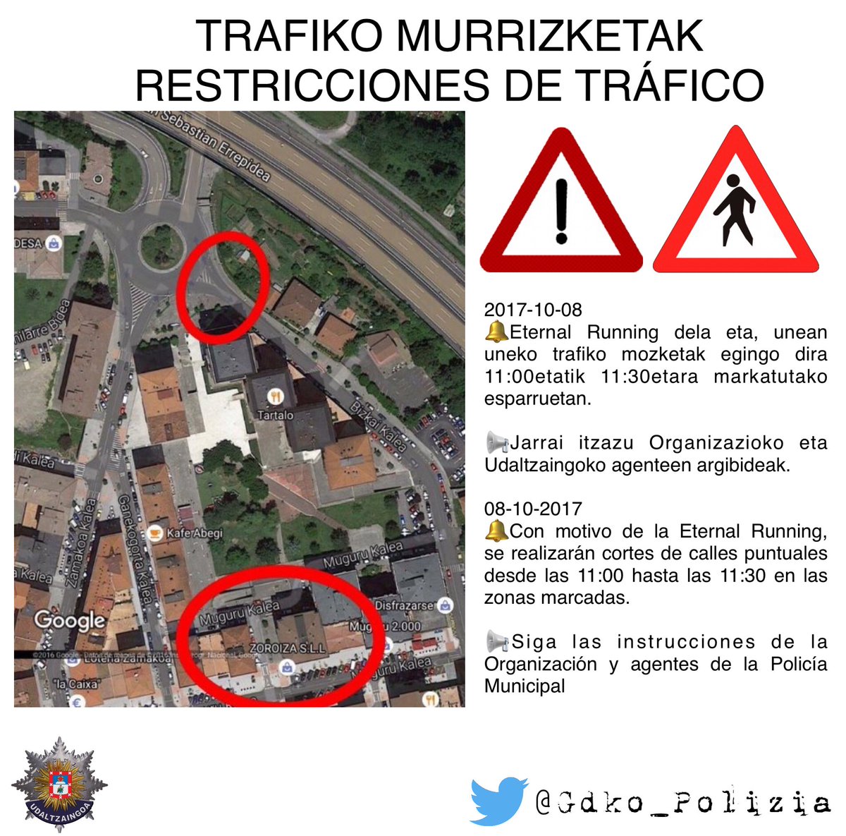 Gdko_Polizia's tweet photo. 📢 HOY con motivo de la #EternalRunning restricciones de tráfico de 11:00 a 11:30 en las zonas marcadas
#Galdakao https://t.co/k3grrAJ2ig