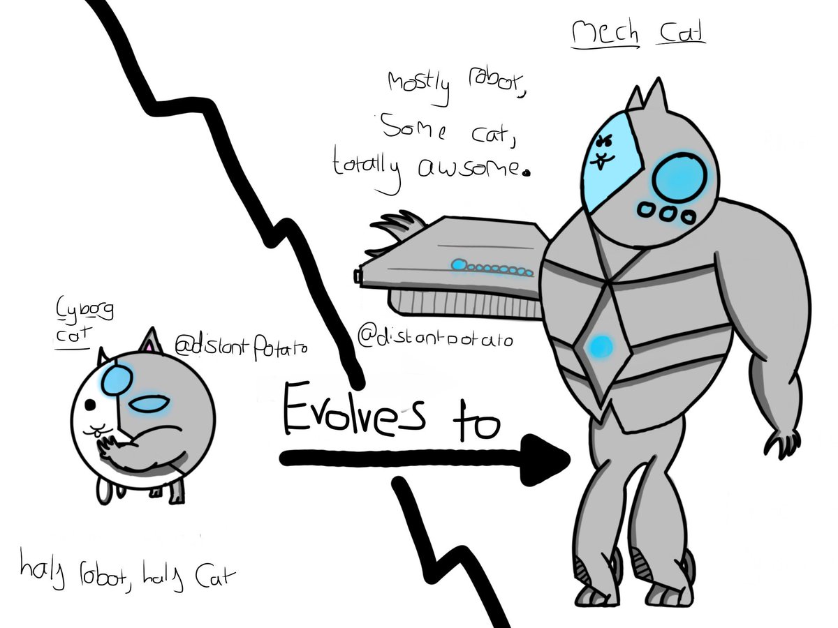 DistantPotato's tweet photo. @PONOS_EN 
#NextBattleCat 
Cyborg cat and mech cat https://t.co/icxASNIaFr