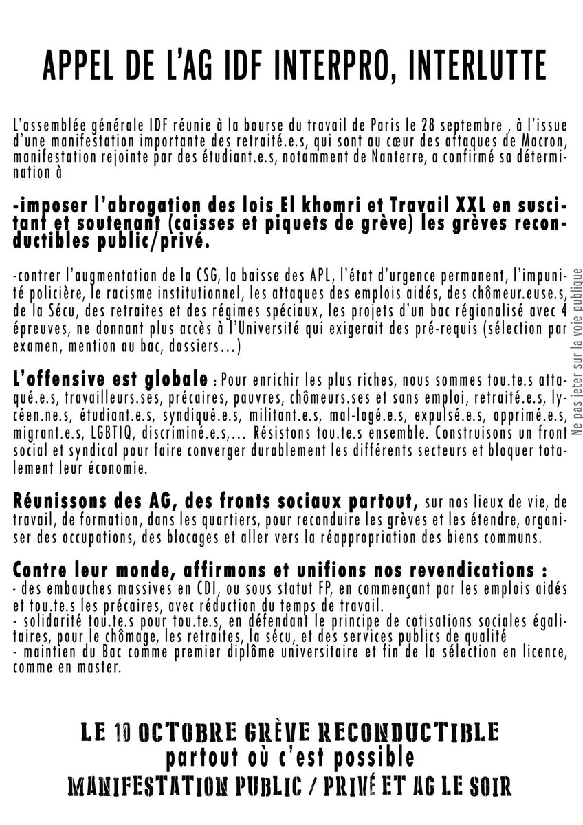 VoteBlancND's tweet photo. Le #10octobre
Tou.te.s en #manif ✊️
Ensuite organisons nous dans l #unité de qui veut agir contre leur monde
#InterPro #InterLutte #InterFac https://t.co/6qjC2n23Kh