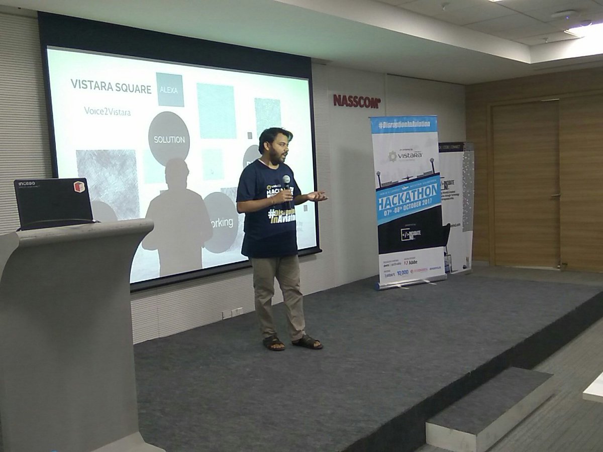 IncubateIND's tweet photo. Awesome pitching session by Piyush Aggarwal from Team #VistaraSquare at @VistaraHack  #DisruptionInAviation #technology #DelhiHackathon https://t.co/m83MDgj5CN