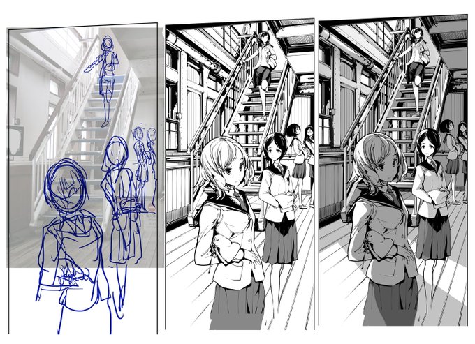 モブキャラ背景、ペン入れは好きなんだけど時間の経ち方が怖ひ、、 