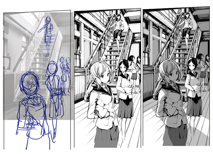 モブキャラ背景、ペン入れは好きなんだけど時間の経ち方が怖ひ、、 