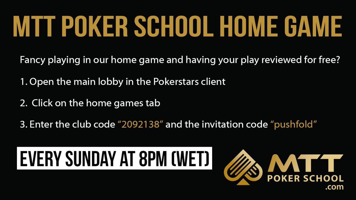 mttpokerschool's tweet image. This evening we'll be hosting another Sunday Home Game live on our Twitch channel. Sign up to play here! buff.ly/2xSFYRa #MTTPoker