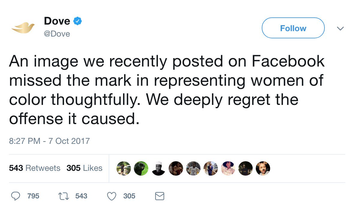 Dove: with one quarter moisturising cream... can't cleanse racism.