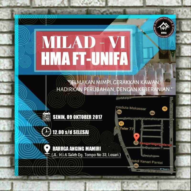 MILAD VI HMA FT- UNIFA 2017

"Jelmakan mimpi,Gerakkan kawan,Hadirkan perubahan,Dengan Keberanian".
#SalamArsitektur
#BravoArsitektur