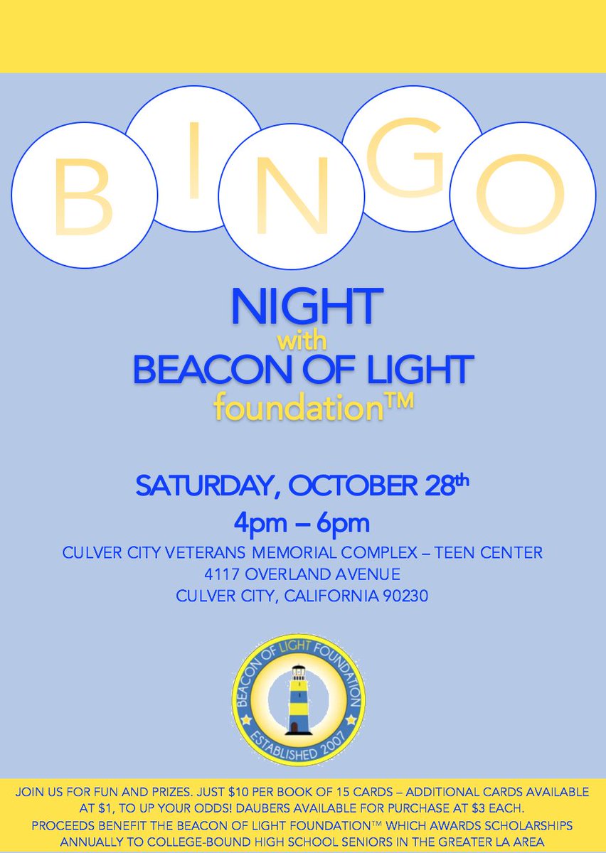 bol2007's tweet photo. First fall fundraiser on 10/28 at 4pm. Bingo Night with Beacon of Light! Only $10 per 15 cards at the Culver City Teen Center #scholarships https://t.co/lzOsYE1aqh