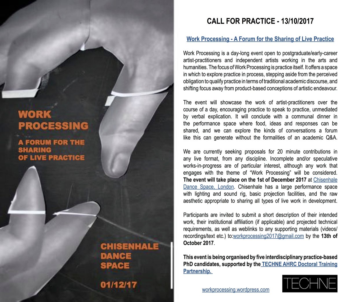 WorkProcessing's tweet image. Not long left! Open Call for Practice for @WorkProcessing on 01/12/17 at @ChisenhaleDance. Deadline for applications: Friday 13th October.