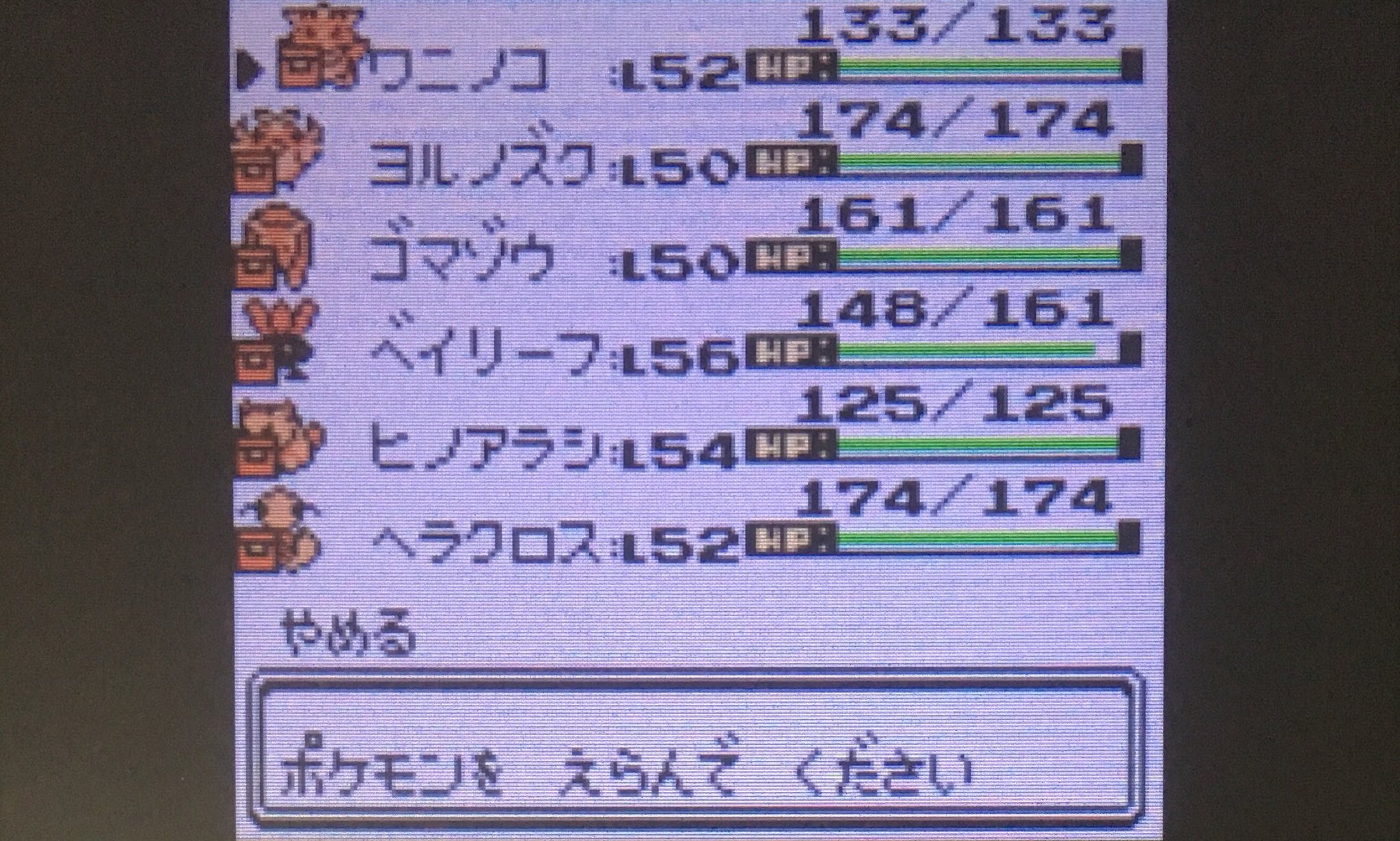 エルザ タケシ戦突破 バッジ14個目 手持ち ワニノコ Lv 52 ヨルノズク Lv 50 ゴマゾウ Lv 50 ベイリーフ Lv 56 ヒノアラシ Lv 54 ヘラクロス Lv 52 Vc金銀 ポケモン金銀 3ds T Co Y2kgii249s Twitter