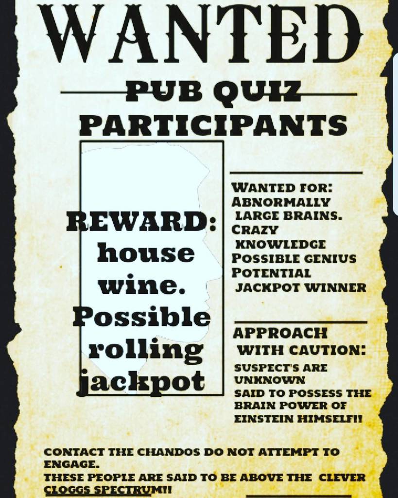 ChandosSE23's tweet photo. CALLING ALL BRAINIACS!
TONIGHT AT 7:30.. BE THERE !
-
-
-
#pubquiz #quiznight #quiz #gettingquizzywithit #weekend #wildwest #wanted #jack… https://t.co/ATXsbMz19B