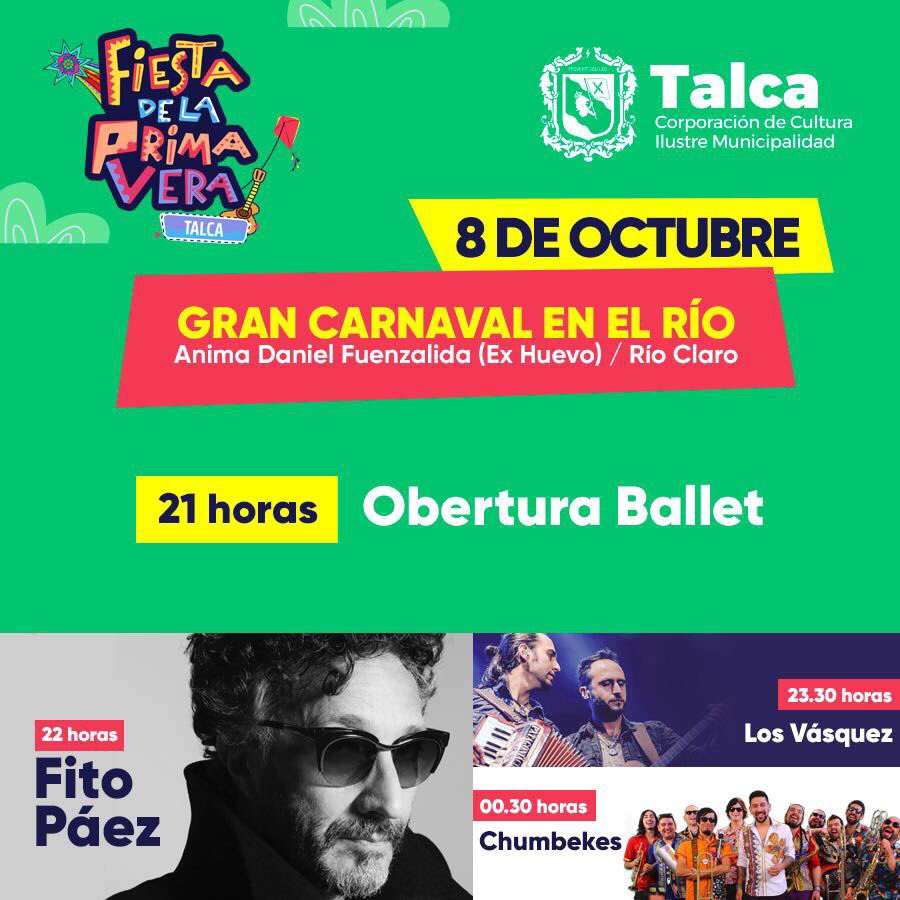 ¡Último día de la Fiesta de la Primavera! Todos invitados a las 21 horas al balneario del Río Claro a disfrutar un show de primer nivel