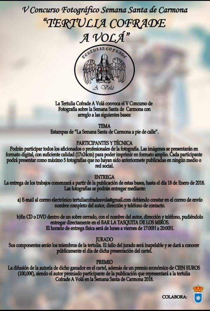 V Concurso fotográfico de la Semana Santa de Carmona "Tertulia Cofrade A Volá"
<a href="/TCAVOLA/">T.C. A VOLÁ</a>