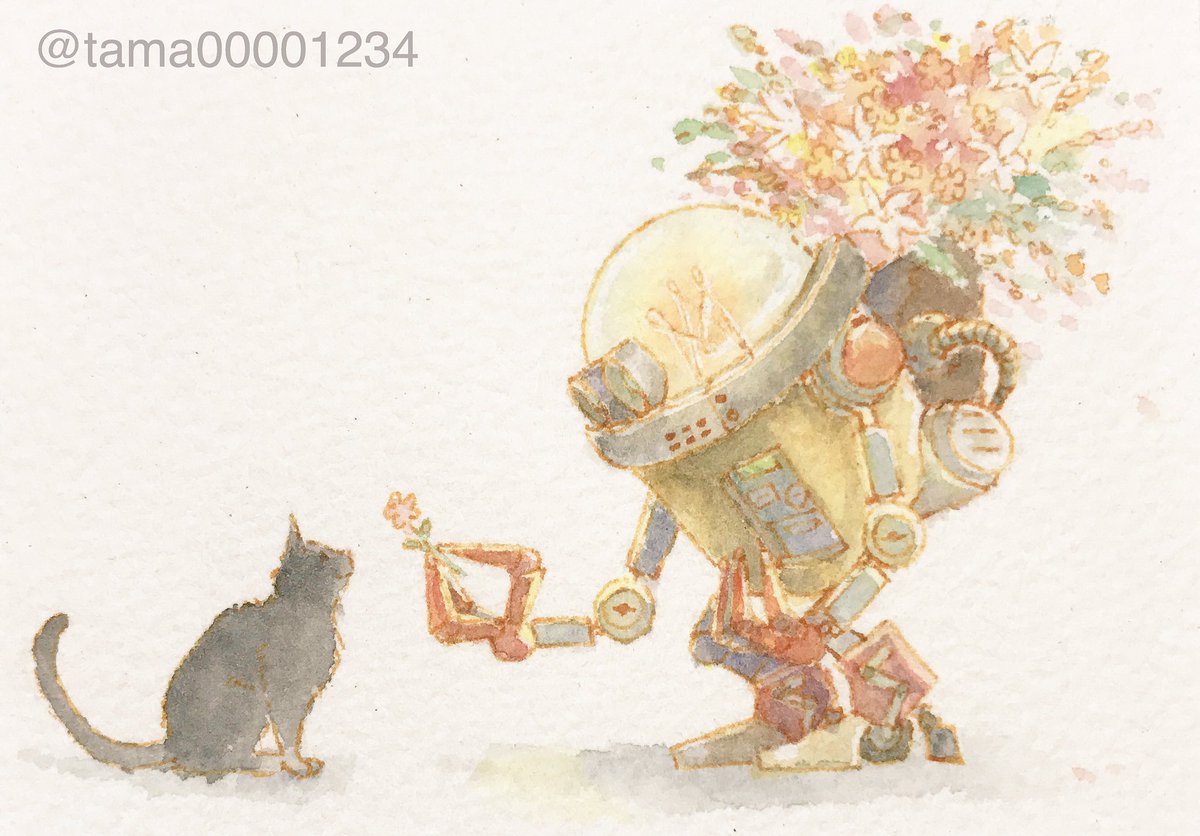 Tama Ar Twitter はじめまして ロボットのいる世界 Illustration Illust Art Watercolor イラスト 絵 水彩 ロボット 猫 Atcつくりました