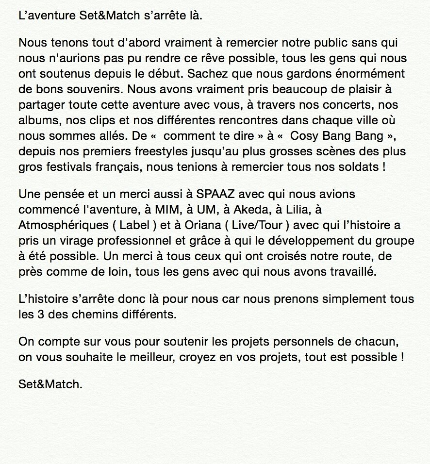 L'AVENTURE SET&amp;MATCH S'ARRÊTE LA. MERCI À TOUS NOS SOLDATS.