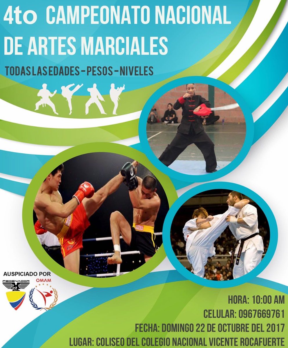 vendeecuador_'s tweet photo. IV Campeonato Nacional d Artes Marciales avalado x @fedenador_ @omamecuador 📲0967669761 #karate #taekwondo #jiujitsu #kungfu #kickboxing https://t.co/ktaZKzBgk9