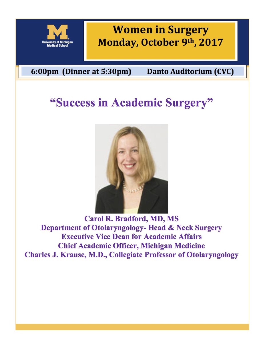 .<a href="/MIchiganWSC/">MWSC</a> is excited to present Dr. Bradford, MD, Executive Dean for Academic Affairs, on October 9th, as she presents her strategies for success in academic surgery.  Catered dinner at 5:30pm followed by her talk at 6pm in Danto Auditorium (CVC).  Come! #ILookLikeASurgeon