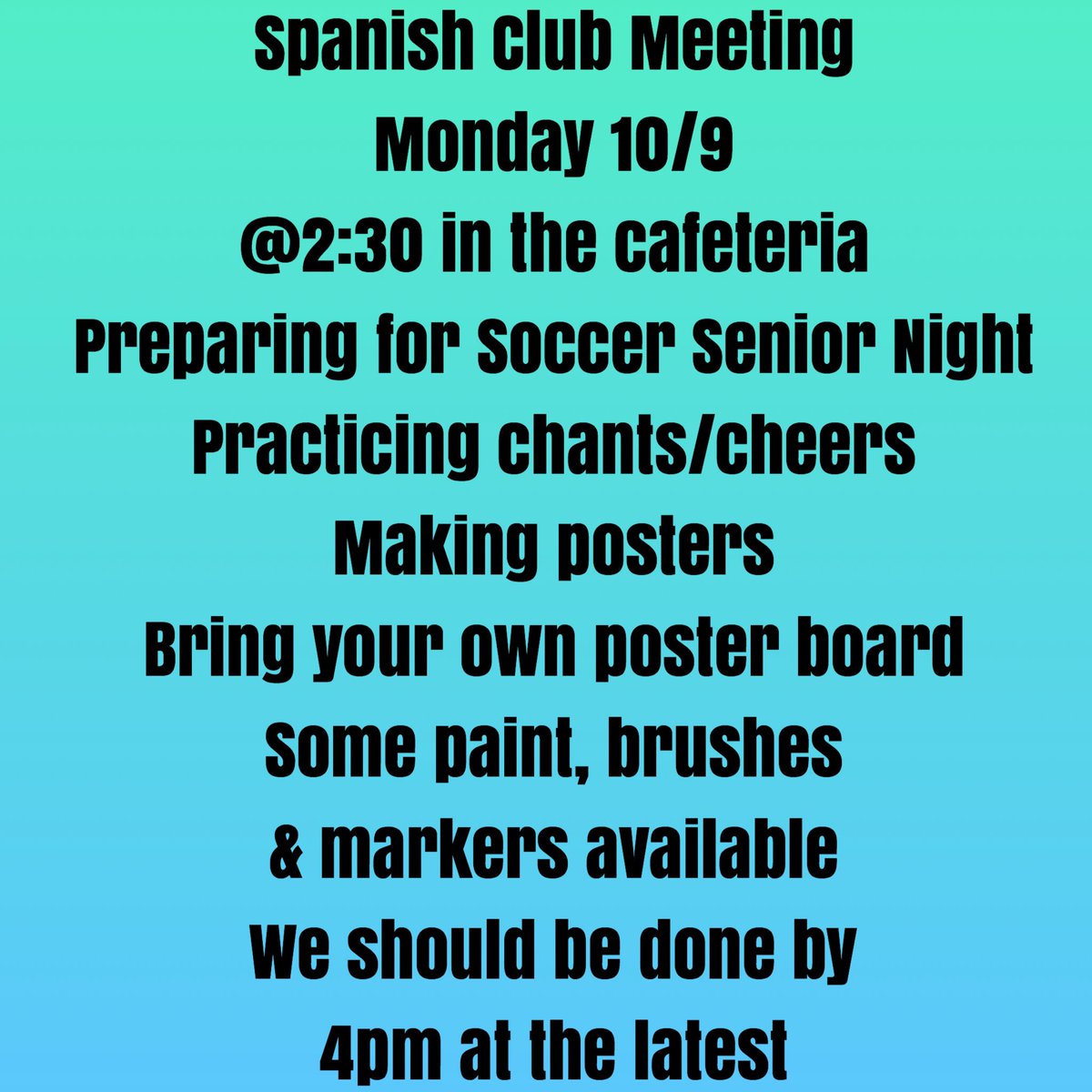 BoroSpanishClub's tweet photo. Spanish Club meeting TOMORROW! Come out and help us get ready for Soccer Senior Night! https://t.co/VznYOIzeIS