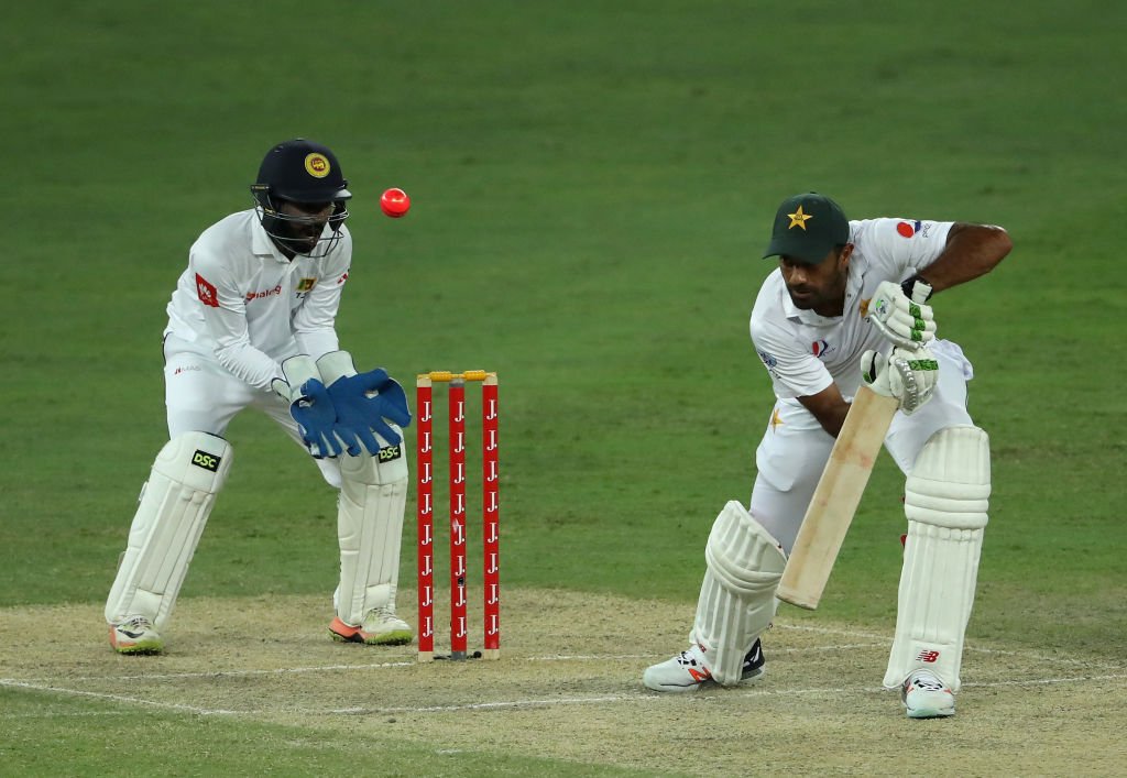ICC's tweet photo. The Pakistan fightback is on! They've reduced Sri Lanka to 34/5 at stumps on Day 3 in Dubai. #PAKvSL 

Scorecard: https://t.co/TadZOsNAUN https://t.co/veNSxeQG1L