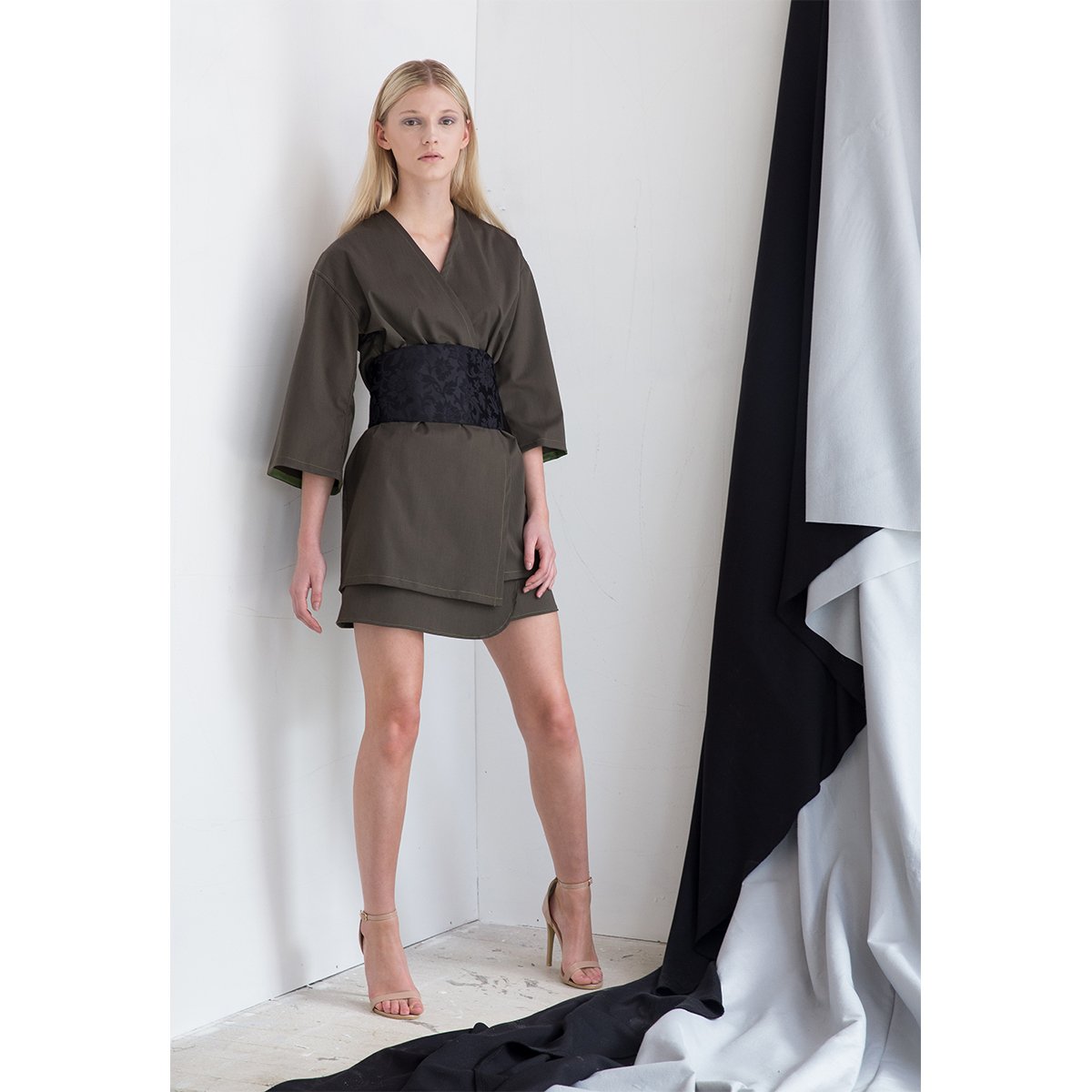 narrowarrowuk's tweet photo. Hollie wears the Geiko Kimono blouse with detachable, brocade obiage belt with the Kakkoii mini skirt, both in olive... https://t.co/X3yGtMujkH
